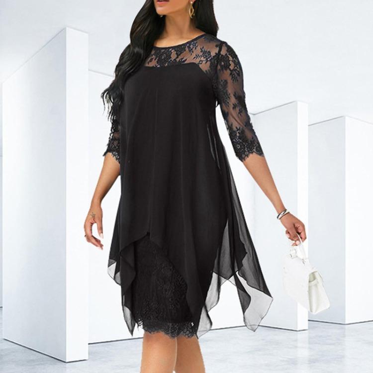 Robe en mousseline pour femme Élégante Longueur genou Tendance Manches 3/4 Mi-longue Robe en dentelle patchwork