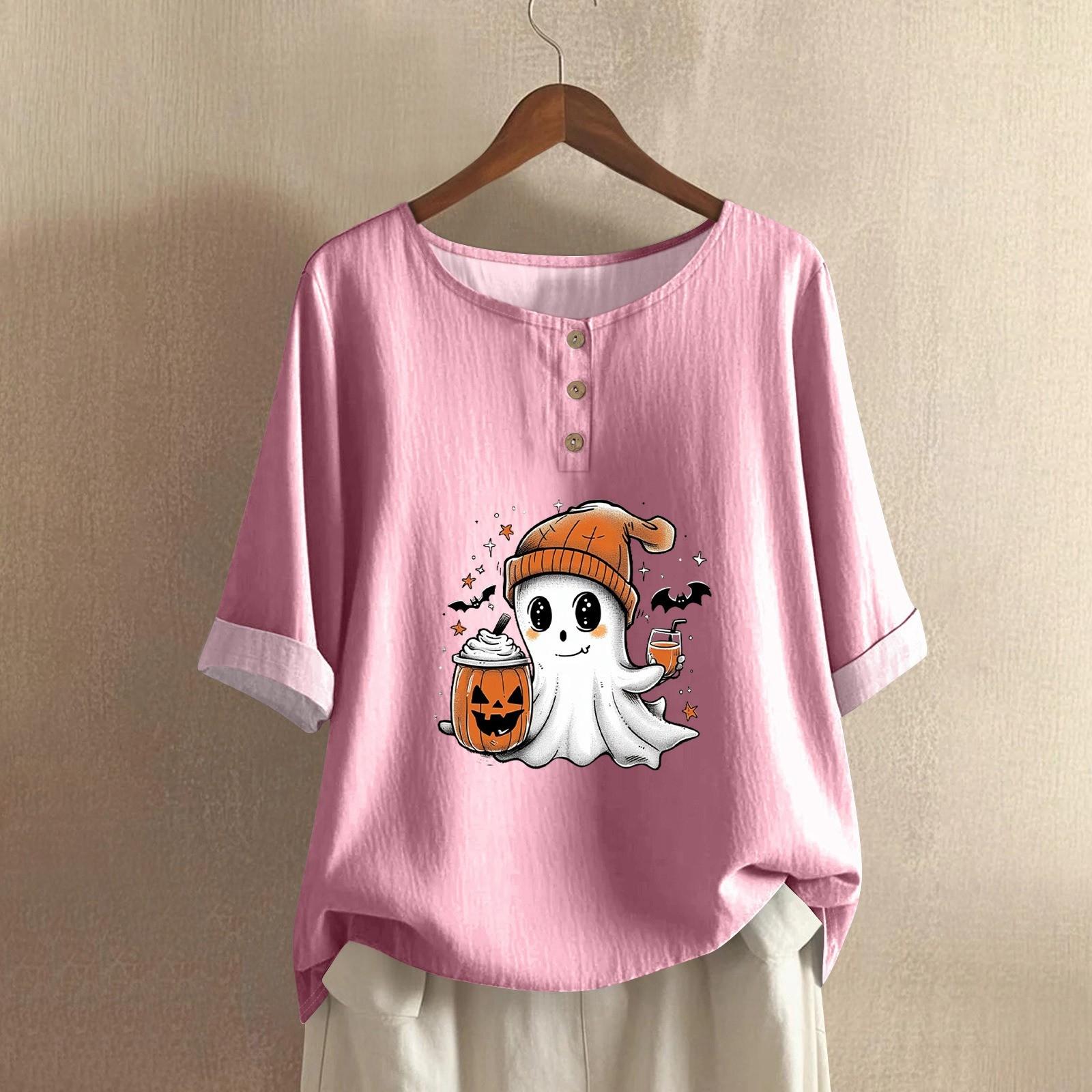 

Женская модная и повседневная рубашка с полурукавом, круглым вырезом, принтом, из хлопка и льна, блузка-топ S розовый