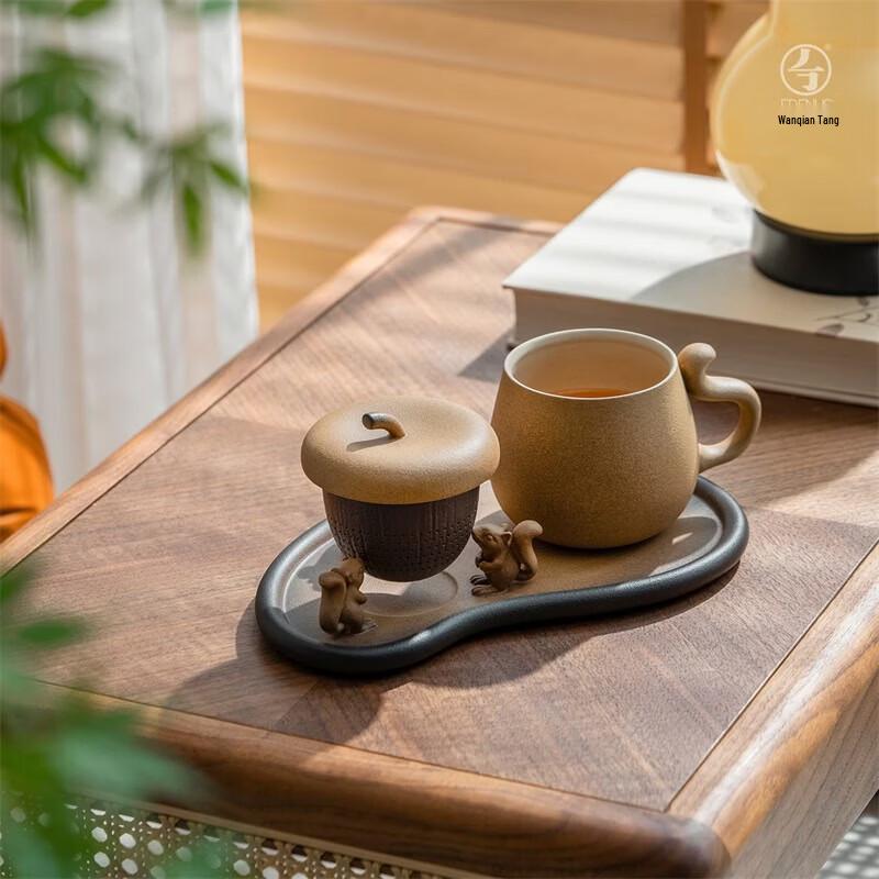 Edenus High-Grade Ceramic Office Teacup Set with Tray, Juge Lizi Burnt Tea Glaze