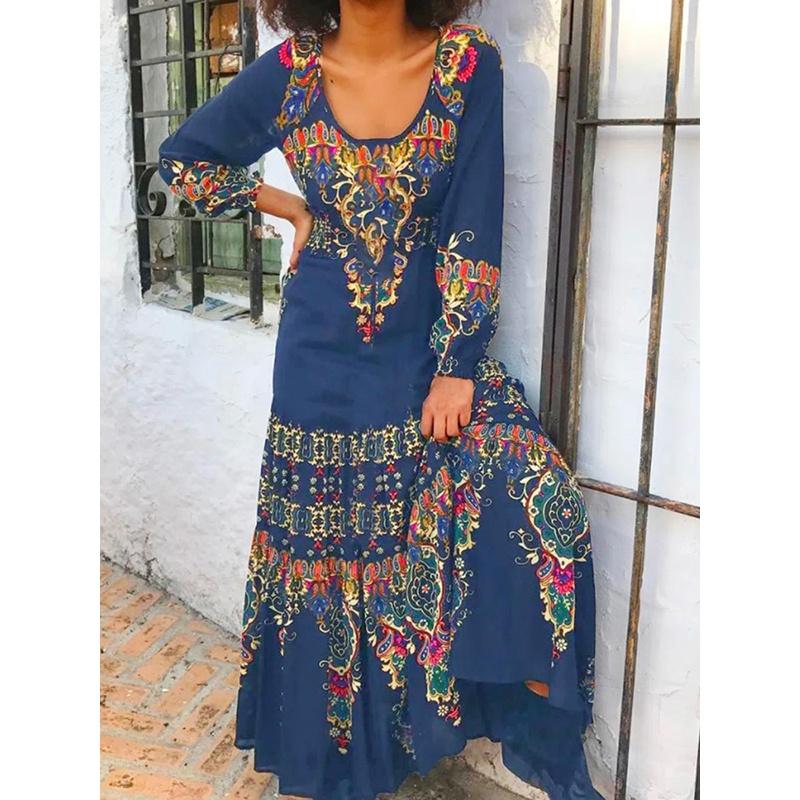 

Женское свободное платье с круглым вырезом, винтажное повседневное платье макси с длинным рукавом и принтом, элегантное женское пляжное платье, богемное вечерние клубное платье L синий