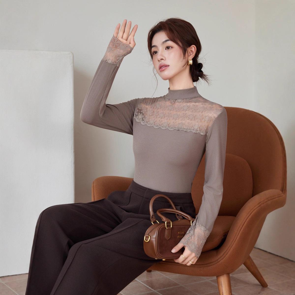 

973 Autumn/Winter Lace Long Sleeve Cotton Collar Cutout Top - Slim Fit Spliced Mesh One Size 90-140 Jin