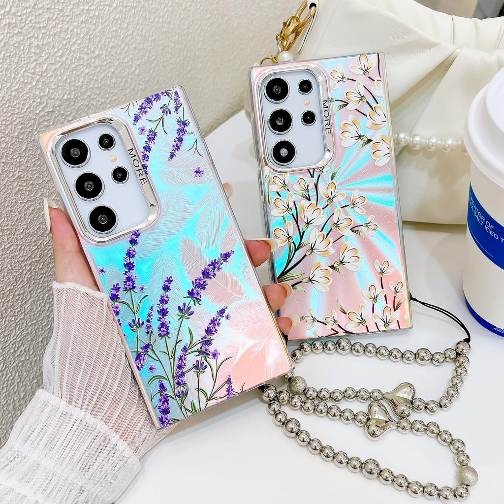 Electroplated Laser Flower Pearl Bracelet S24Ultra Mobile Phone Case Suitable for Samsung A16 Women's New S25U