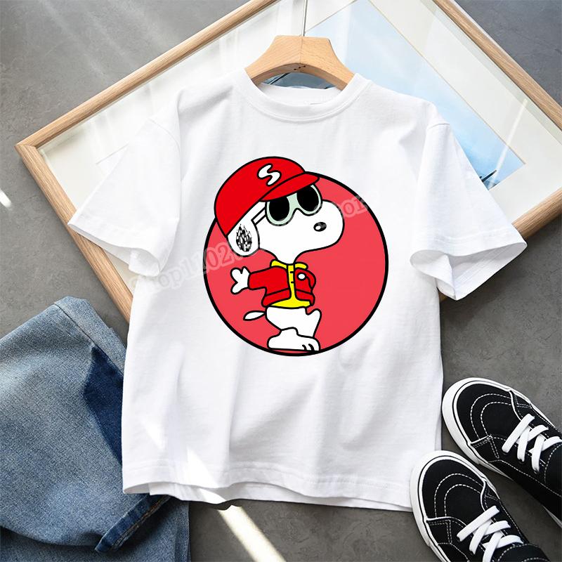 Snoopys Child Short Sleeve Tshirt Boys Girls Summer Casual Round Neck Tops Anime Character Print Pullover Kids Birthday Gifts