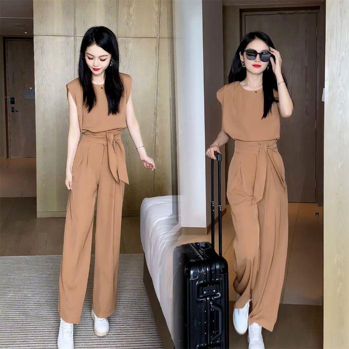 Women's 2025 Summer High-End Fashion Set: Stylish Slimming Loose Wide-Leg Pants Two-Piece