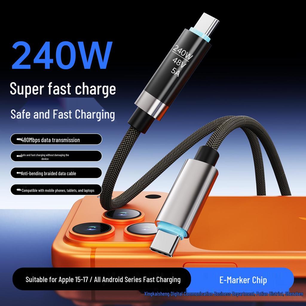 240W Braided Fast Charging Data Cable with OLED Display for Apple & Huawei