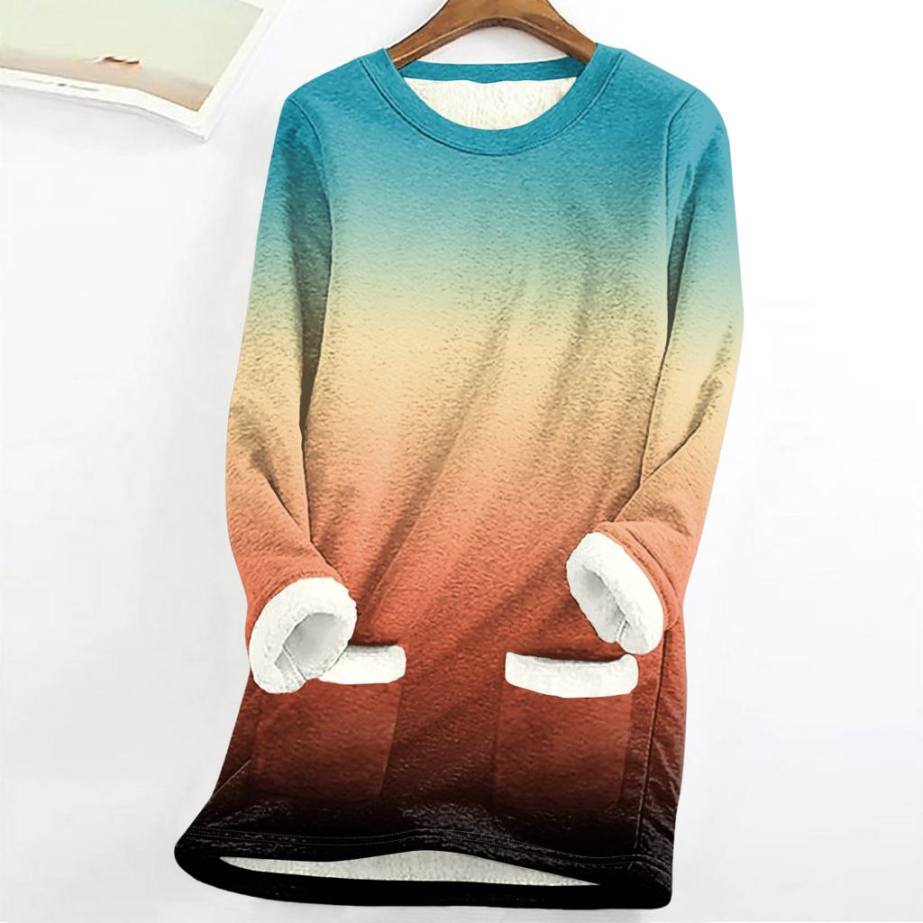 Dámský top s kulatým výstřihem s potiskem, zahuštěný plyšový kašmírový hřejivý dlouhý top