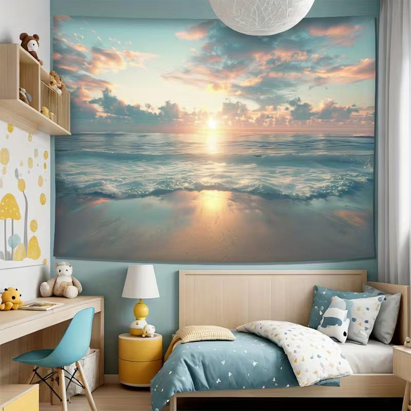 2D Tropical Ocean Tapestry, Pastel Clouds & Reflecting Sun Wall Art for Home Decor