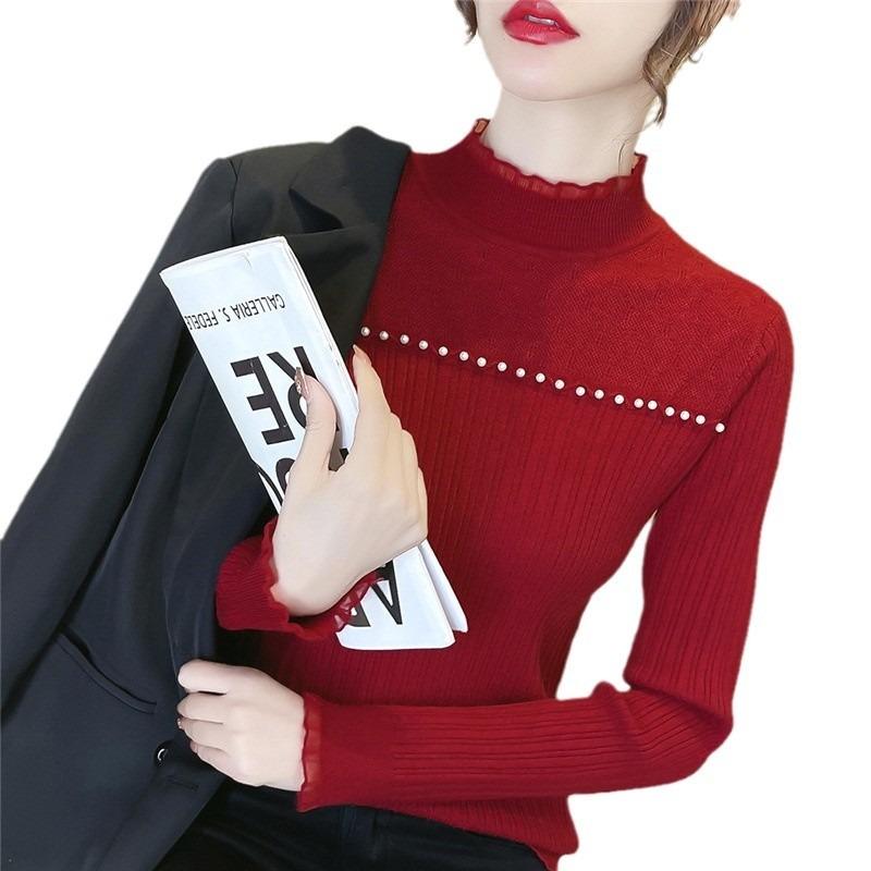 Autumn and Winter New Lace Inner Semi-turtleneck Sweater Women's Clothing Slim-fitting and Thin Versatile Warm Knitted Bottoming Shirt