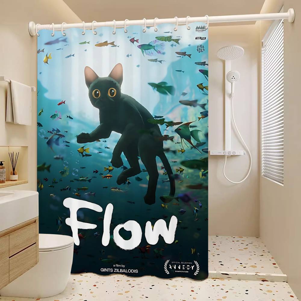 Hit Animated Movie F-FLOW White Shower Curtain, Bathroom Decorative Shower Curtain, Waterproof Shower Curtain With Hooks