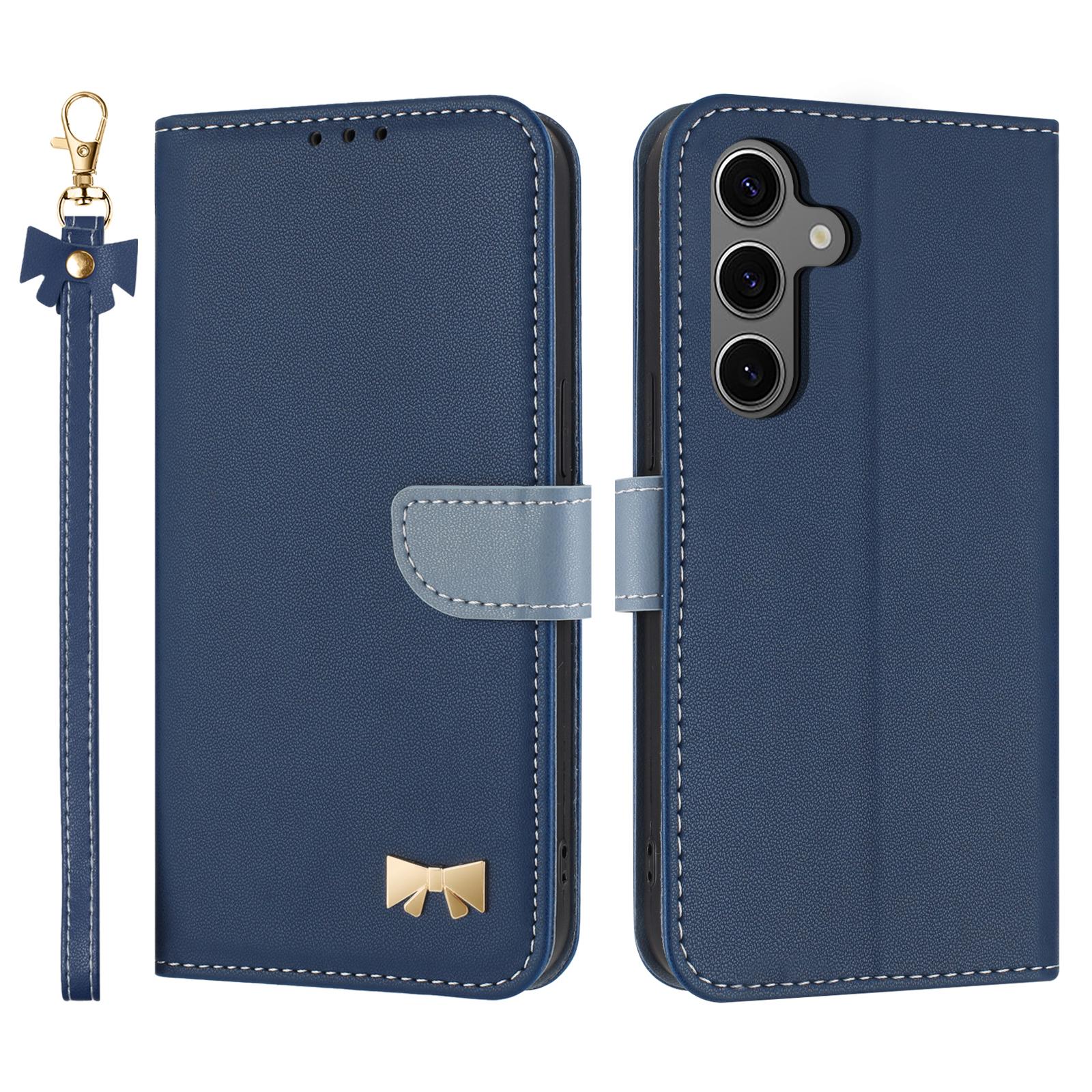 

For Samsung Galaxy S25/S24 Case Bowknot Decor Wallet Leather Phone Cover with Wrist Strap Dark Blue