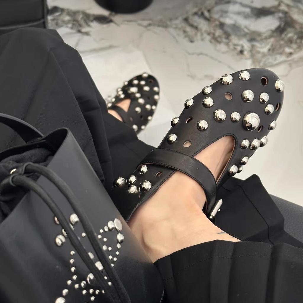 Sheepskin Version~ Flat Shoes, Ballet Shoes, One-word Buckle Rivets, Mary Jane Shoes, Shallow Mouth Versatile Hollow Single Shoes Women