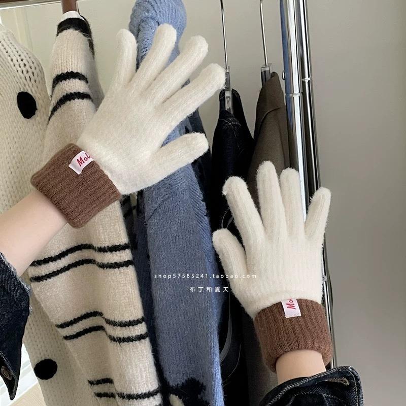 

Цвет теплые шерстяные перчатки женские осень и зима новые вязаные зимние для верховой езды пять пальцев холод однотонные One size теплый белый