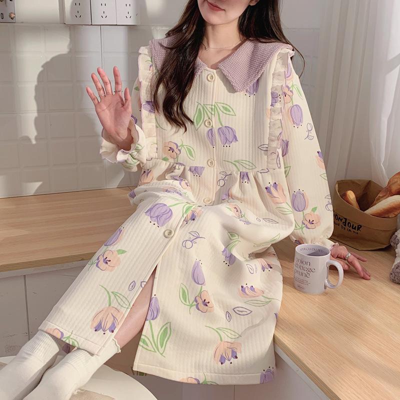 New Style Air Cotton Maternity Nursing Nightdress – Long Sleeve, Suitable for Autumn/Winter, Perfect for Postpartum/Breastfeeding