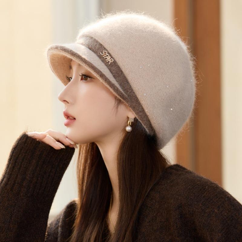 Autumn and Winter Women's Warm Rabbit Fur Knitted Hat Fashion Basin Hat Cold Protection Ear Hat