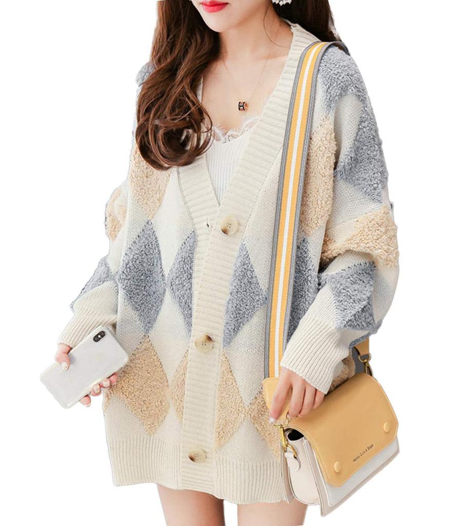 Fluffy Argyle Thick Cold Loose Free Winter Fluffy Fluffy Fluffy Autumn Boa Boa Boa Boa Boa Boa Boa Fleece Boa Fleece Long [Henri] Cardigan, Outerwear,