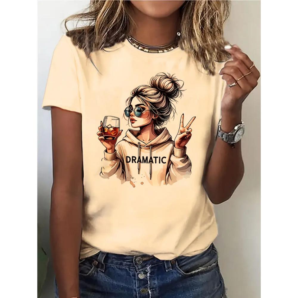 Streetwear 90s Women's Casual Graphic T-Shirt Dramatic Print with Wine Print Short Sleeve T Shirt Clothing Top Tee