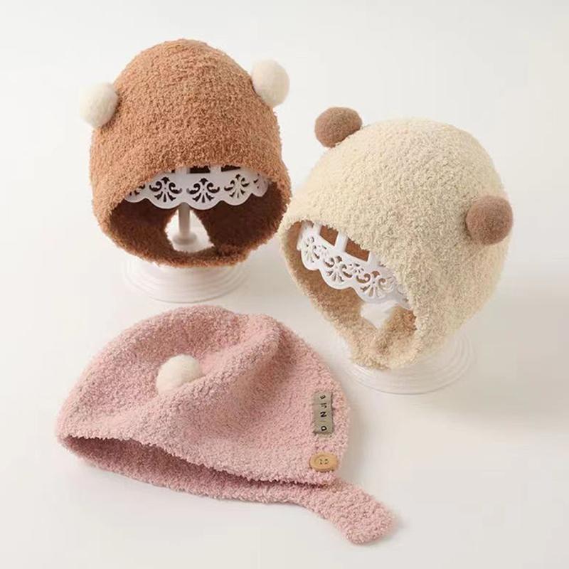 Cute Winter Warm Kids Girl Boys Baby Hats Fleece Wool Hemming Caps With Ball Solid Wool Ear Protection Hats Soft Newborn Bonnet