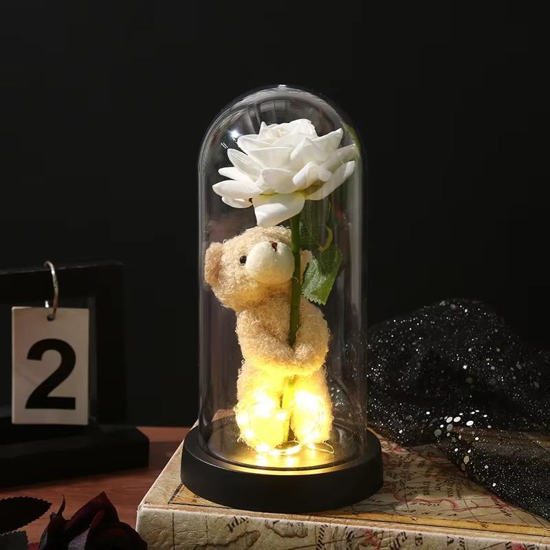 

Eternal Rose in Glass Dome Artificial Flower with Bear Desk Accessories Christmas Valentine s Day Gifts Party Favors