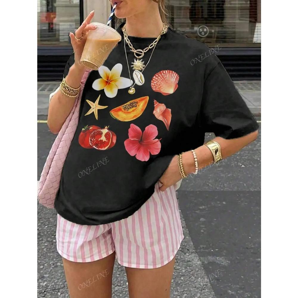 

Seashell Fruit and Flower Print Women s Spring Summer Fashion Casual Versatile Vacation Style Sleeve T Shirt Clothes S