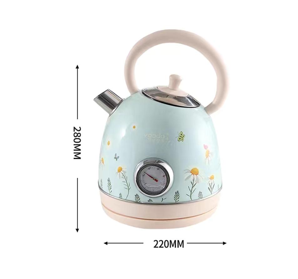 Flower-painted electric kettle with vintage-style instrument thermometer, 1.8L SUS LED 1850W, featuring automatic shutdown and dry-cooking protection.