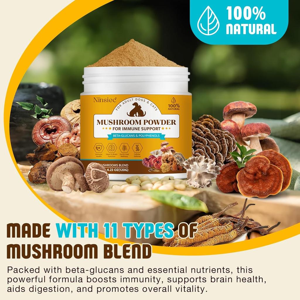 Mushroom Supplement Powder for Dogs & Cats, Turkey Tail Mushroom for Pets, Lipoma for Cats, 11 Organic Mushroom Complex, Partner Guard for Dogs Lumps