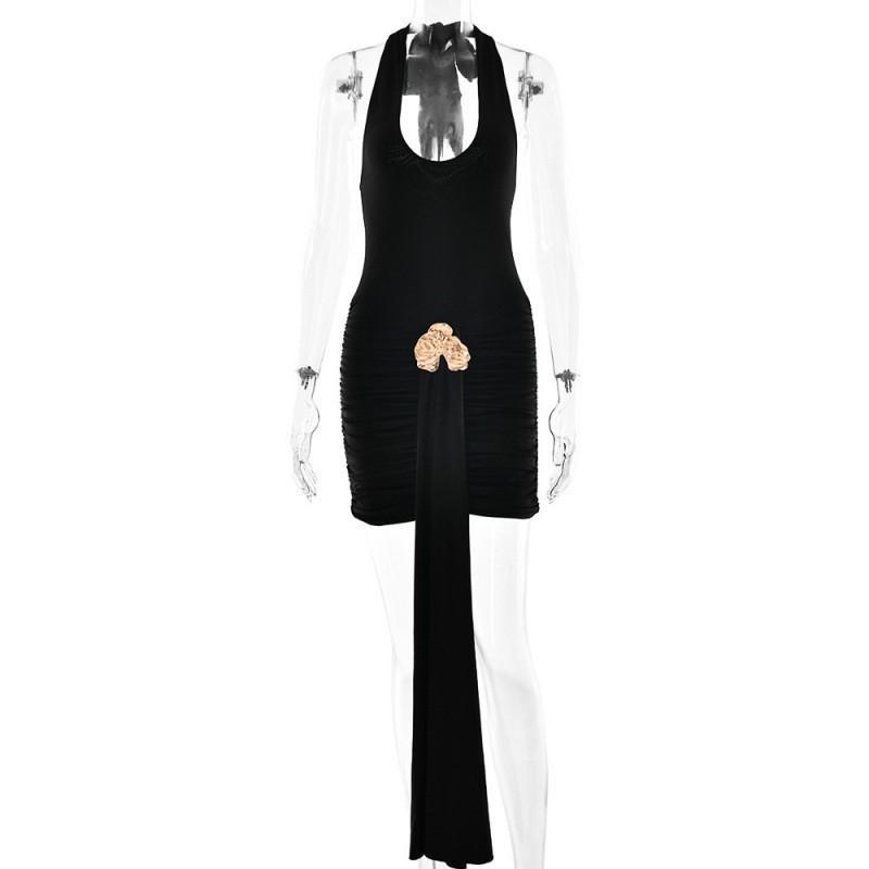 

New Sexy Hot Girl Hanging Neck Cross-lacing Bag Hip Skirt Slim Pleated Backless Dress L чорний