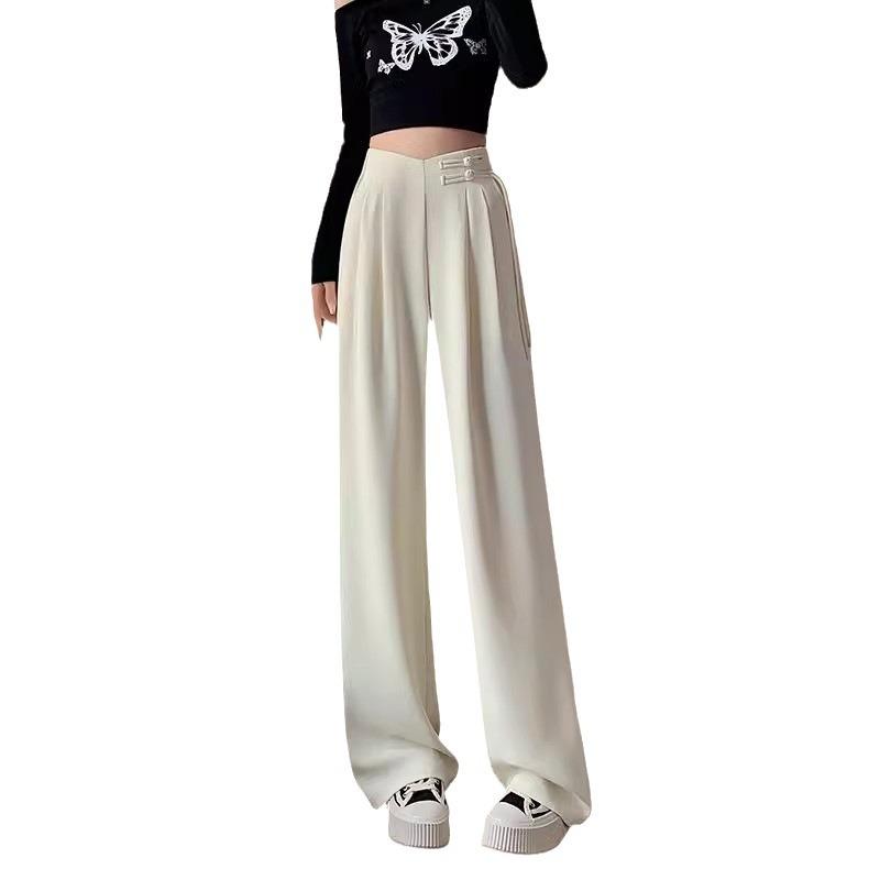 Spodnie garniturowe na guziki Damskie Wiosna i Lato Mały Wysoki Stan Opadające i Wyszczuplające Casualowe Luźne Proste Spodnie z Szerokimi Nogawkami