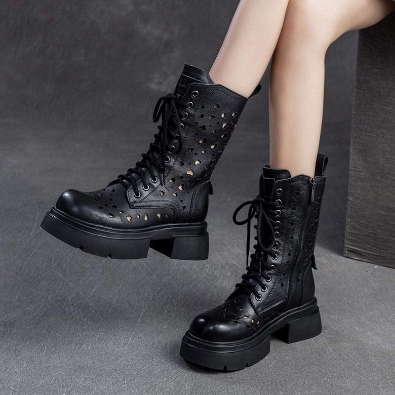 Fashion GKTINOO 2025 New Hollow-out Breathable Summer Mid-calf Boots Fashion Women's Shoes Genuine Leather Thick Soled Sandals