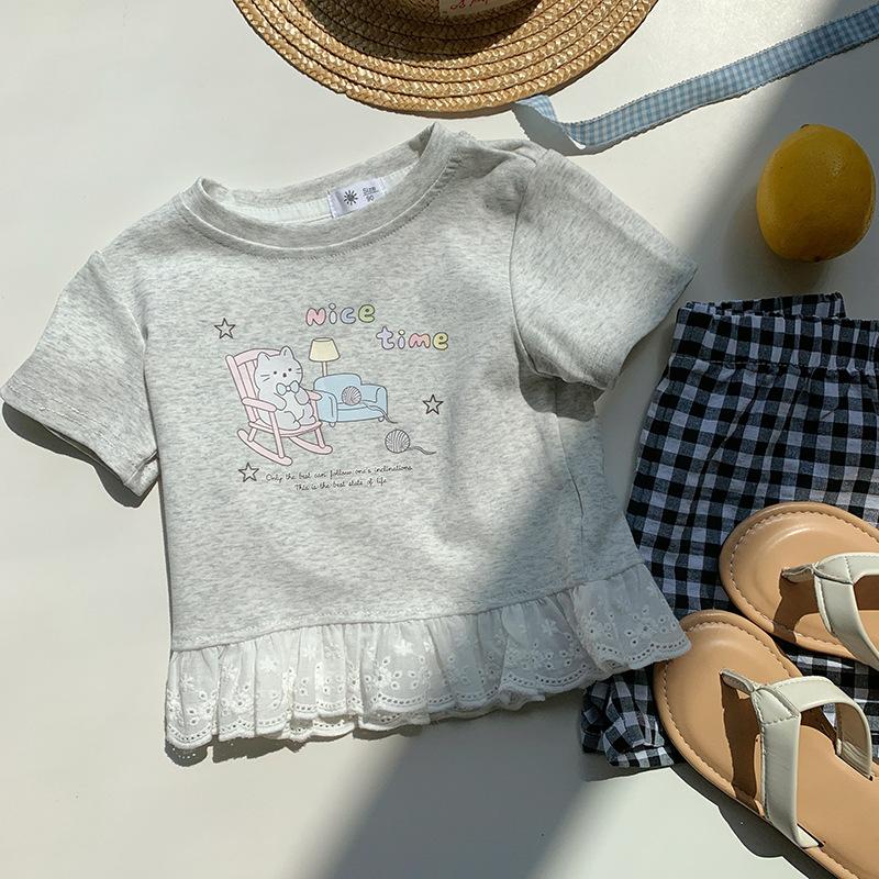 Girls Casual Cotton Short-sleeved T-shirt - Summer Children s Cute Cat Print T-shirt 100cm