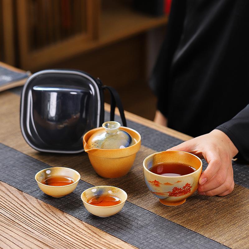 Firewood Kuaike Tea Set Creative Travel Ceramic One Pot Three Cups Gift Set Outdoor Portable Tea Pot