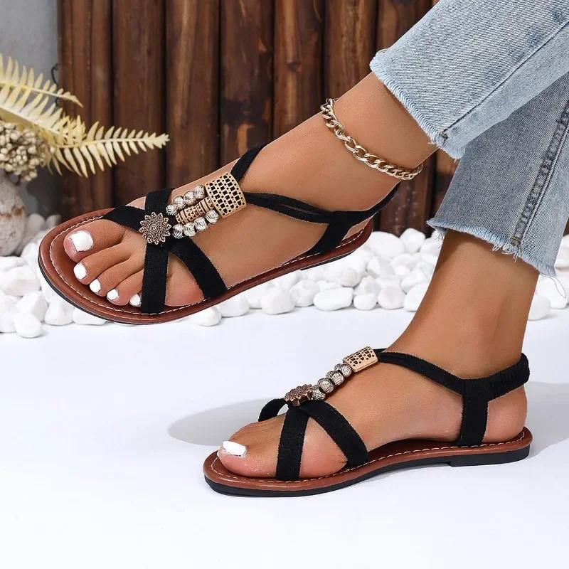 Fashion Ladies Shoes 2024 Hot Sale Elastic Band Women's Sandals Fashion Metal Decoration Daily Sandals Women New Round Toe Flat Sandals