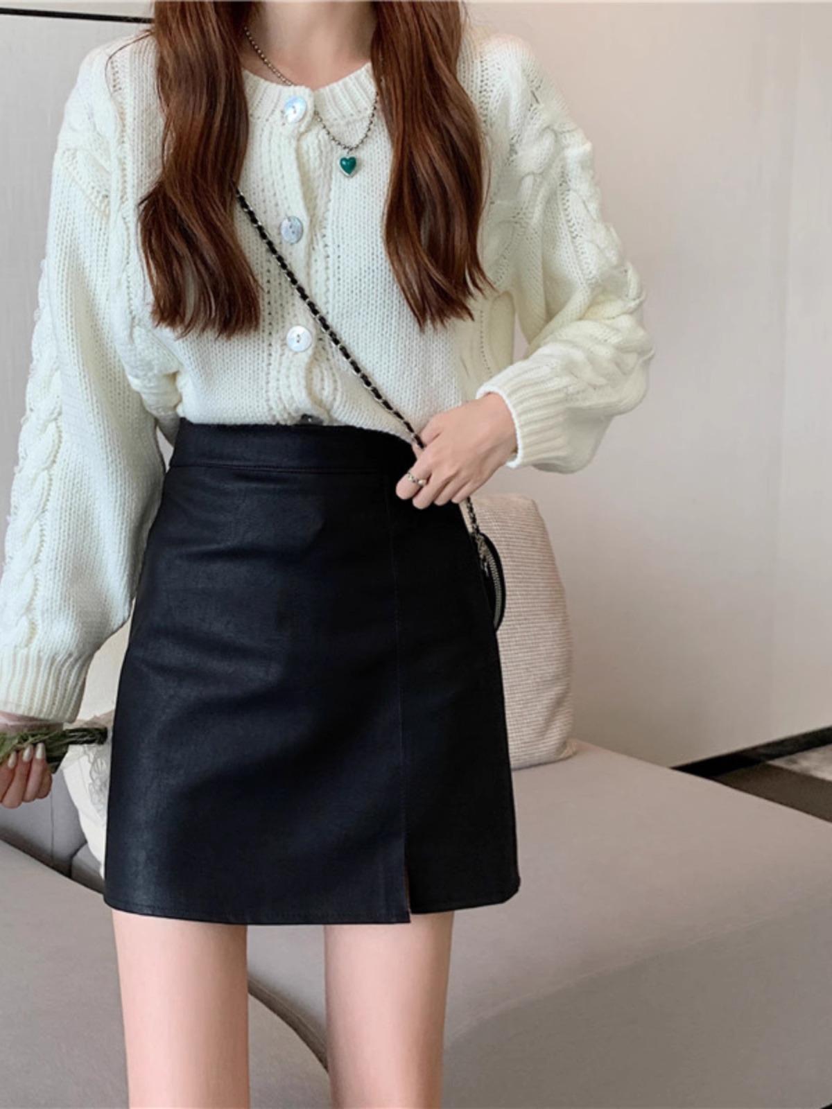 

Женская юбка А-силуэта из искусственной кожи с завышенной талией на осень/зиму 2023 года - корейский стиль S кофейный