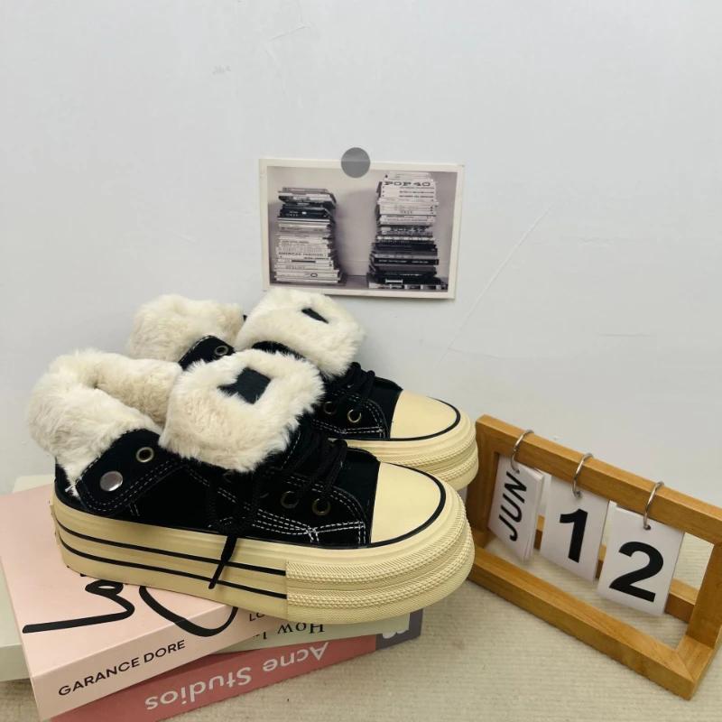 2025 Winter Women's Vulcanized Shoes Fur Womens Flat Shoes Increased Womens Sneakers Casual Female Canvas Shoes Tenis De Mujer