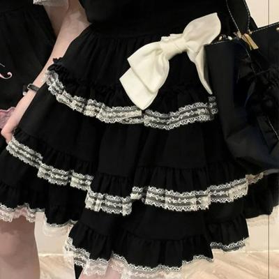 Japanischer Kawaii Mini-Kuchenrock für Damen, schwarz, lässig, elegant, Lolita, sexy, hohe Taille, Spitze, Y2k, ästhetisch, süß, Gothic, Faldas