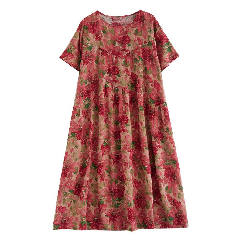 Summer Literature Plus Loose Print Round Neck Short Sleeved Casual Dress for Women Long Dresses Vintage