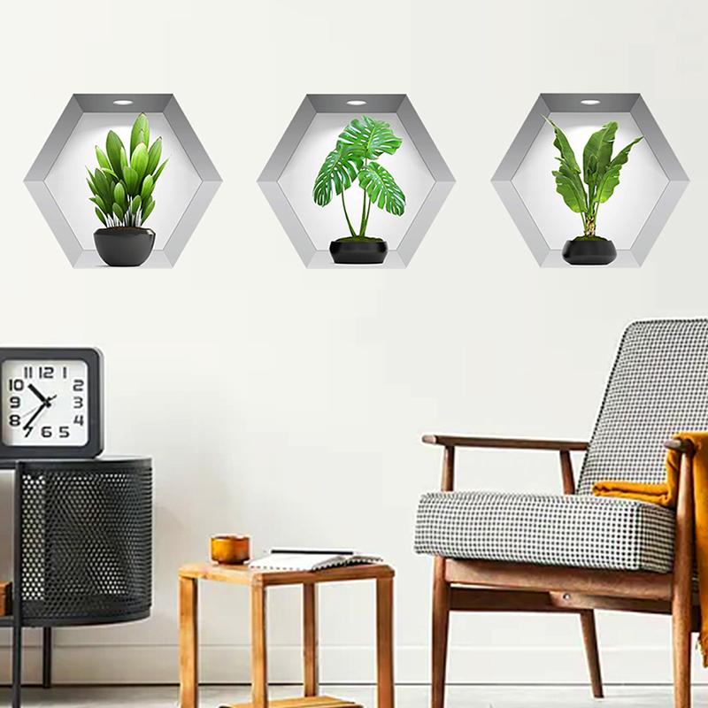 3Pcs/Set 3D Stereoscopic Potted Wall Stickers Living Room Decorative Wallpaper Self-Adhesive Plant And Flower Pvc Stickers
