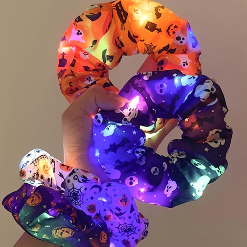 Glowing Pumpkin Hair Ties French Scrunchie Halloween Skull Pumpkin Bat Halloween Hair Style Tool Scrunchie