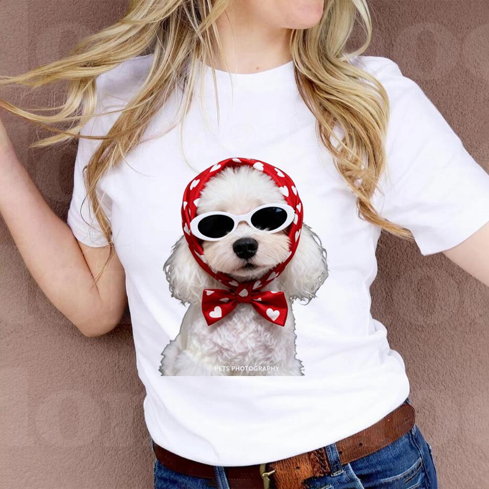Kawaii Fashion Dog Print Tshirt Cute ShortSleeve White Casual Crew Neck Top Trendy Chic Pup Tee Fashionable Versatile Top