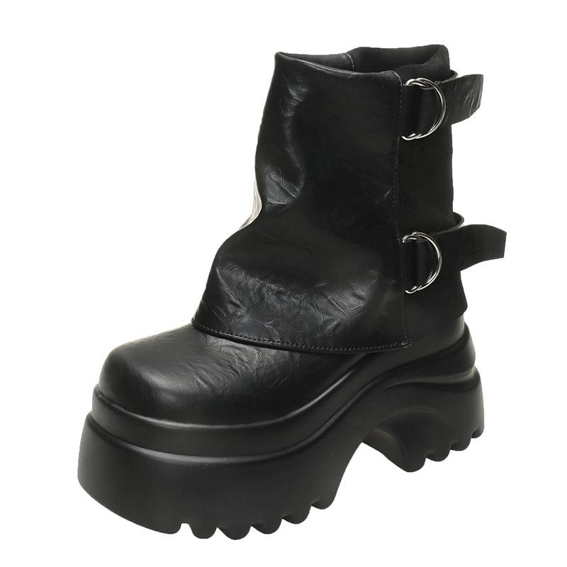 Black Martin boots women's 2025 autumn new retro stacking boots belt buckle thick-soled inner heightening trouser tube boots