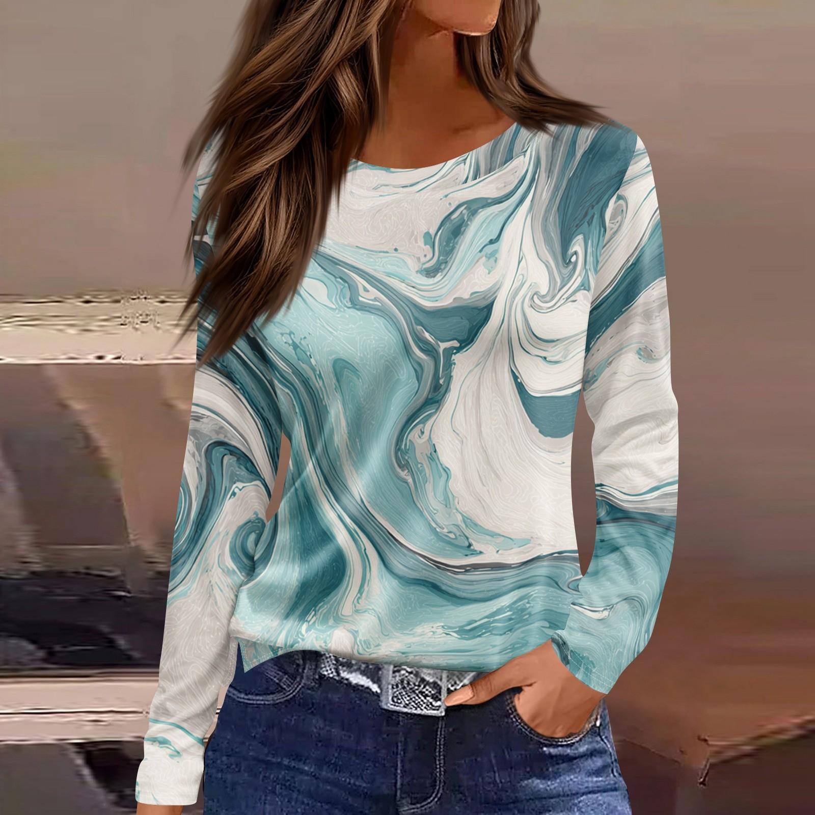 

Women s Fashion Hem Slit Casual Floral Print Round Neck Long Sleeve Top S ціан