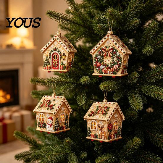 DIY Faux Pearl Bead Craft Set Christmas Art Ornament Kit, Wooden House Snowman Holiday Hanging Decoration Supplies Santa Reindeer Pattern, Handmade