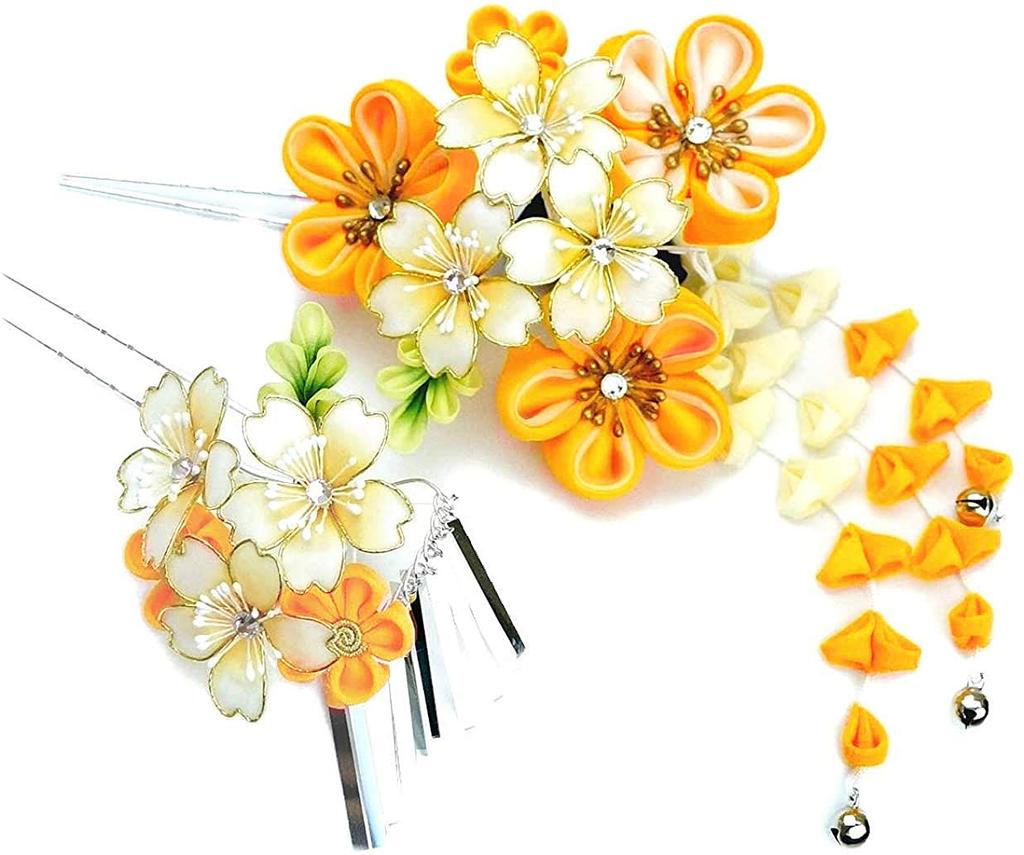 Plaukų papuošalų rinkinys Furisode ceremonija Geltona Sakura Sidabrinis beržas 2 dalių pilnametystės wk-346 Tsumami-zaiku