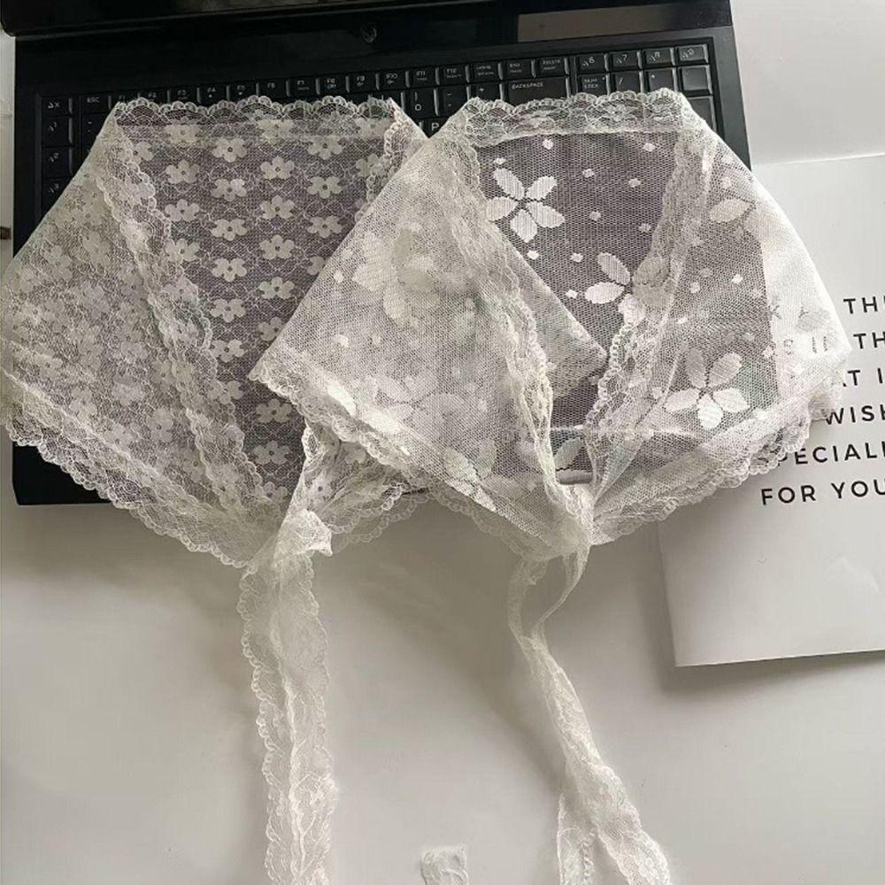 Fashion White Woven Floral Lace Hair Scarf Wraps Breathable Sweet Triangle Headscarf Retro Hair Band Photo
