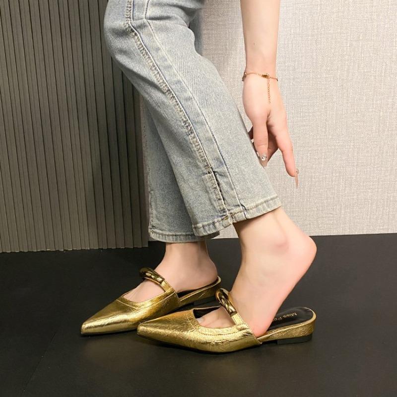 Fashion 2025 New Style Women's Summer Cover Slippers Fashion Metal Decoration Thick Heel Slide Shoes Comfort Style Footwear