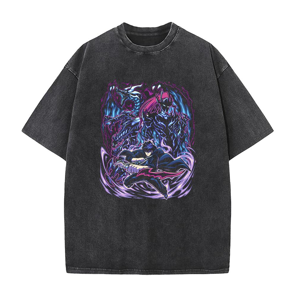 Anime Solo Leveling Sung Jin Woo Beru Print Washed Tee Men High Quality Cotton T-shirts Oversized T Shirt Harajuku Male Tshirt