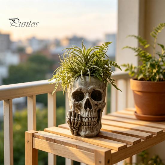 Succulent Container Skull Planter with Middle?Finger Gesture, Resin Pot, Gothic Skeleton Head Dark Aesthetic Gardening Flower Unique Desktop
