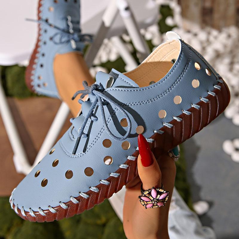Comemore Spring Summer Women Flats Hollow Out Lace Up Hole Single Shoes for Women Casual Soft Leather Soft Sole Sneakers Shoes