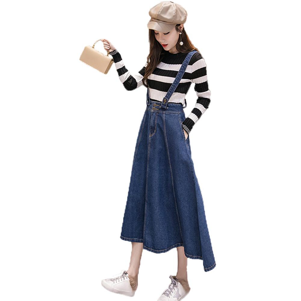 2025 Spring/Fall Detachable Straps Denim A-line Midi Skirt