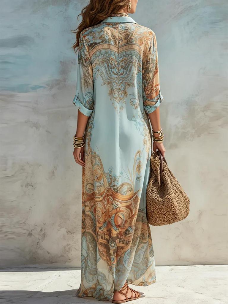 2026 European Beach Vacation Retro Light Blue Print Shirt Dress