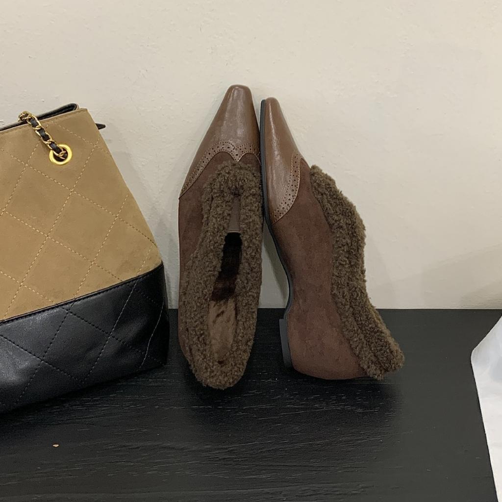 2025 New Inner Slope Heel Fluffy Splicing Thick Heel Carved Fleece Warm Women's Commuter Women's Single Shoes